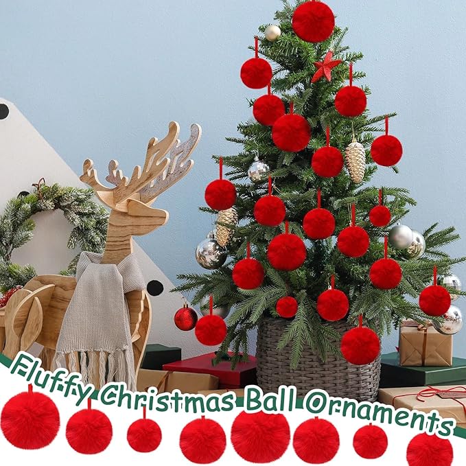 24 Pcs Red Furry Christmas Ball Ornaments for Tree 2.36/3.15/3.94 Inches Pom Pom Ball Christmas Hanging Decoration for Party Supplies Fireplace Mantel Wall Decor