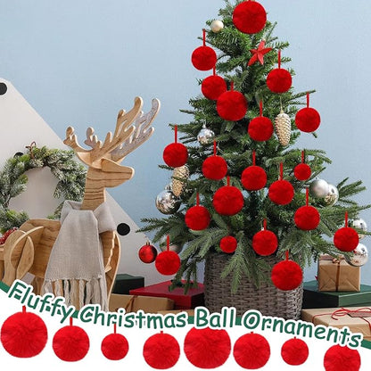24 Pcs Red Furry Christmas Ball Ornaments for Tree 2.36/3.15/3.94 Inches Pom Pom Ball Christmas Hanging Decoration for Party Supplies Fireplace Mantel Wall Decor