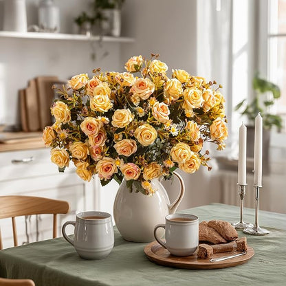 Artificial Flowers for Outdoor 4 Bundles Rose Bouquet with Daisy Faux Flowers UV Resistant for Home Indoor Outside Garden Porch Window Box Balcony Yard Porch Decor (Yellow)