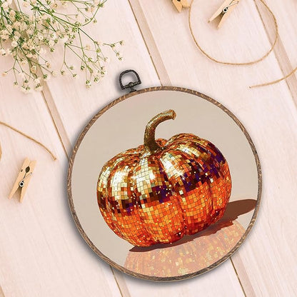 Hxlac Disco Pumpkin Round Wall Art Framed, Glam Disco Ball Orange Pumpkin Round Wall Decor, Trendy Fall Halloween Hanging Canvas Prints Wall Sculptures for Home Living Room Decor, 10x10 Inch