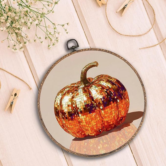 Hxlac Disco Pumpkin Round Wall Art Framed, Glam Disco Ball Orange Pumpkin Round Wall Decor, Trendy Fall Halloween Hanging Canvas Prints Wall Sculptures for Home Living Room Decor, 10x10 Inch