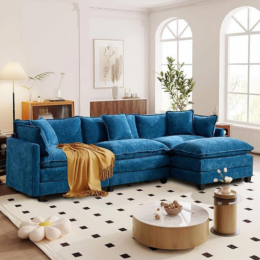 SoarFlash 107.4" Chenille Sectional Sofa, Comfy L Shaped Modular Coush Sofa with Ottoman, Modern 4 Seat Couch Deep Seat Sofa Set for Living Room,Blue