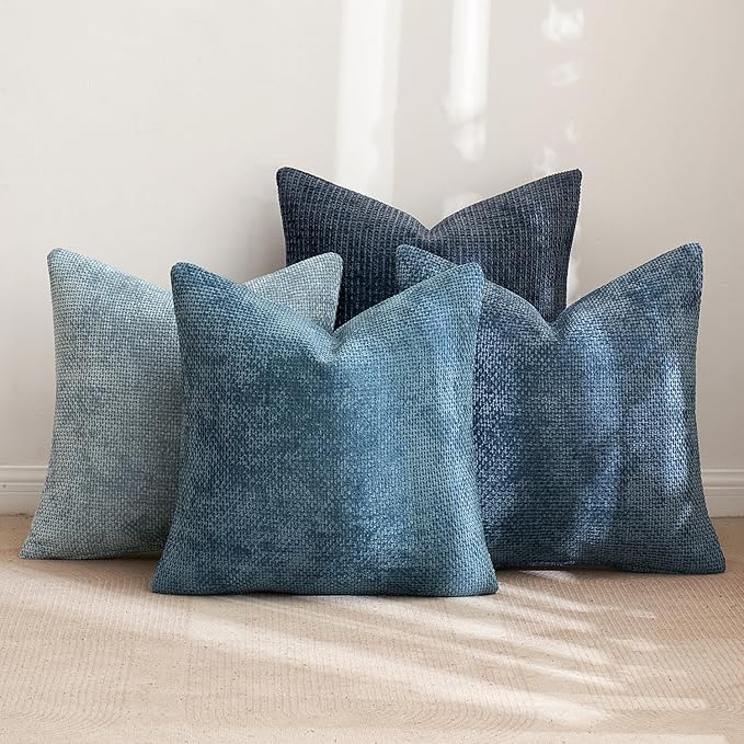 MIULEE Pack of 4 Throw Pillow Covers 20x20 Inch Neutral Blue Soft Decorative Chenille Pillow Covers Farmhouse Accent Cushion Covers for Boho Western Home Coastal Decor Bedroom Living Room