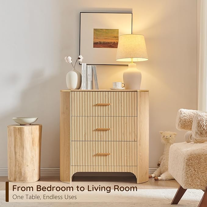 Fluted 3 Drawers Nightstand with Charging Station,31.7" W Bedside Table with Curved Profile Design,End Table Storage with USB Ports for Bedroom,Living Room,Gold Metal Handle,Natural Oak