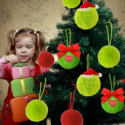 12 Pack Lime Green Furry Christmas Ball Ornaments with Red Bow, 2.36 Inches Soft Fluffy-Pom-Pom Xmas Tree Hanging Decor for Holiday Home Party Fireplace Wall Decoration(Red Bow)
