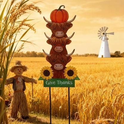 Thanksgiving Outdoor Decorations 39.3" with GIve Thanks Sign and Sunflowers, Large Highland Cow Fall Garden Stakes for Yard Lawn, and Autumn Harvest Decorations