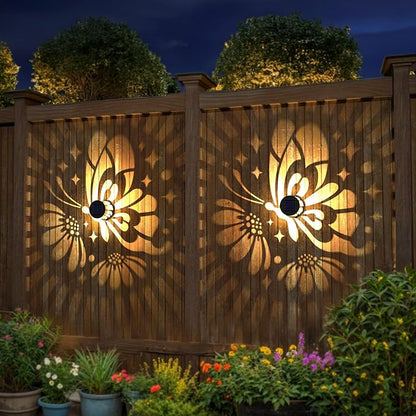 Solar Fence Lights 4 Pack Solar Deck Lamps Outdoor Decorations Powered Step Lights Wall Waterproof LED Warm Decorative Lighting for Garden (Butterfly-Flower, 4)