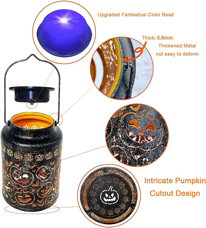 Pumpkin Solar Lanterns, Jack O Lantern Outdoor Waterproof Light Up Pumpkins with Fantasy Glow, Metal Hanging Solar Halloween Decorations for Yard, Patio, Porch, Party Gift, Kids