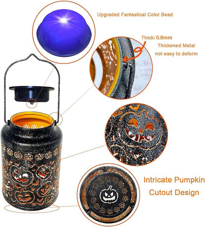 Pumpkin Solar Lanterns, Jack O Lantern Outdoor Waterproof Light Up Pumpkins with Fantasy Glow, Metal Hanging Solar Halloween Decorations for Yard, Patio, Porch, Party Gift, Kids