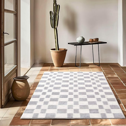 EVERGRACE Checkered Plaid Area Rug 3x5, Soft Fuzzy Faux Wool Rugs Washable Anti Slip Rugs Small Rug Carpet for Entryway Bedroom Living Room Hallway Kitchen Dining Room and Laundry Room, Light Gray