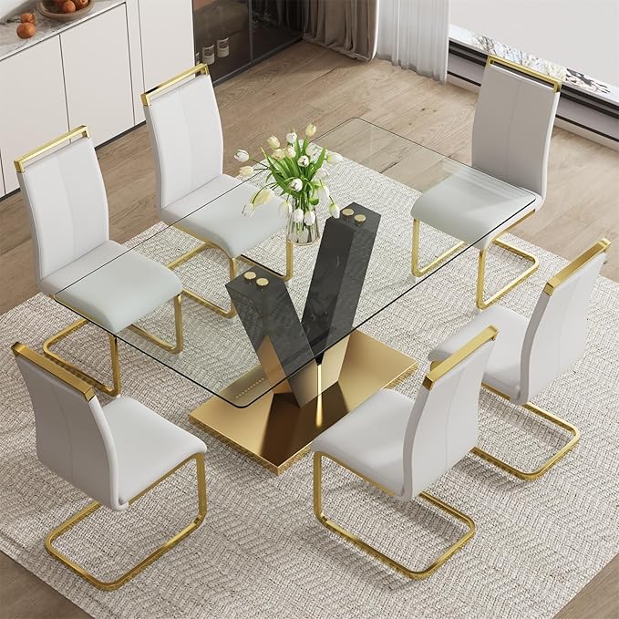 71" Glass Dining Table Set for 6, Dining Table Set 6, Modern Kitchen Table and 6 PU Chairs, Tempered Glass Top and MDF Base, Dining Room Table Set for 6