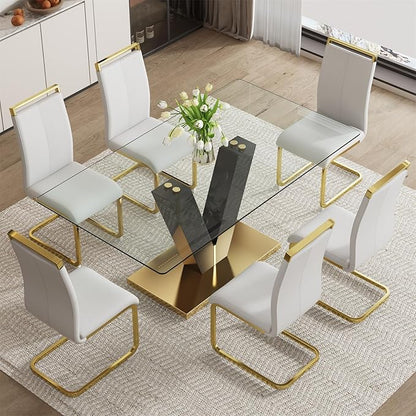 71" Glass Dining Table Set for 6, Dining Table Set 6, Modern Kitchen Table and 6 PU Chairs, Tempered Glass Top and MDF Base, Dining Room Table Set for 6