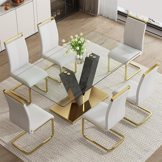 71" Glass Dining Table Set for 6, Dining Table Set 6, Modern Kitchen Table and 6 PU Chairs, Tempered Glass Top and MDF Base, Dining Room Table Set for 6