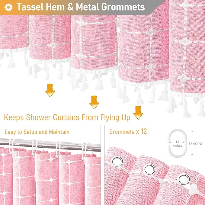 BTTN Extra Long Shower Curtain - 72x96 Inch Long Boho Chic Linen Fabric Heavy Duty Shower Curtain Set with Hooks, Tall Bohemian Farmhouse Shabby Chic Tassel Cloth Shower Curtains for Bathroom - Pink