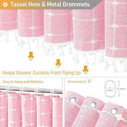 BTTN Extra Long Shower Curtain - 72x96 Inch Long Boho Chic Linen Fabric Heavy Duty Shower Curtain Set with Hooks, Tall Bohemian Farmhouse Shabby Chic Tassel Cloth Shower Curtains for Bathroom - Pink
