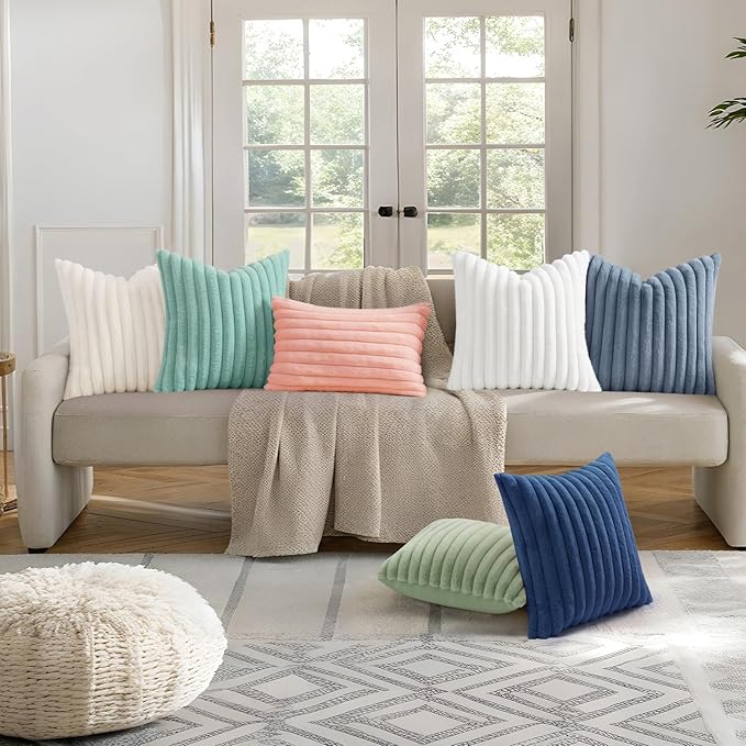 decorUhome Faux Fur Throw Pillow Covers 18x18 Set of 2, Decorative Soft Plush Striped Neutral Euro Pillow Covers with Velvet Back for Bed, Living Room Home Decor, Aqua
