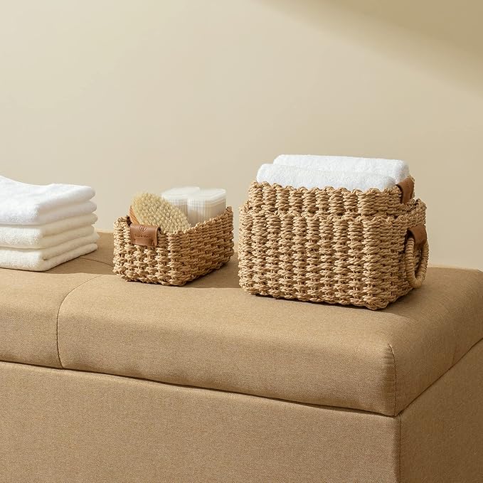 LA JOLIE MUSE Small Wicker Baskets for Organizing, Recycled Paper Rope Storage Basket Container Bins for Shelves Bathroom Cupboards Drawer, Decorative Square Basket Organizer Set of 3