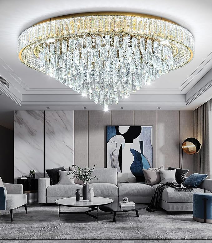 Modern Crystal Large Chandeliers LED Dimmable Flush Mount Ceiling Chandeliers for Living Room High Ceiling Entrance Foyer Bedroom