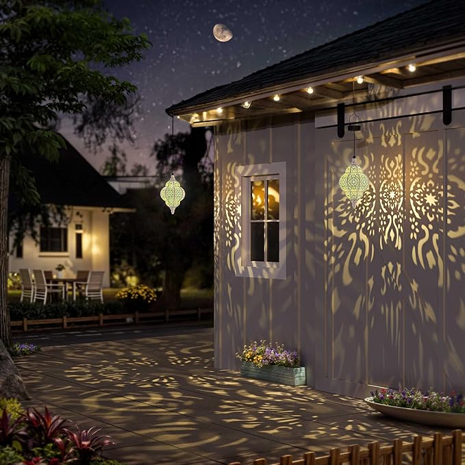 Hanging Solar Lights Outdoor Garden Decor Solar Lantern Waterproof Plastic Moroccan Outdoor Decorations for Patio Pathway Yard Backyard Garden Decorative (1, White)