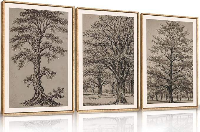 HOURIA Vintage Tree Sketch Framed Canvas Wall Art Set,Natural Brown and Gray Woodland Wall Decor,Mid Century Nature Forest Artwork,Textured Botanical Art Print for Living Room,Bedroom,Office-16"x24"x3