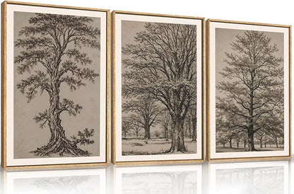 HOURIA Vintage Tree Sketch Framed Canvas Wall Art Set,Natural Brown and Gray Woodland Wall Decor,Mid Century Nature Forest Artwork,Textured Botanical Art Print for Living Room,Bedroom,Office-16"x24"x3