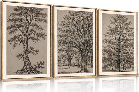 HOURIA Vintage Tree Sketch Framed Canvas Wall Art Set,Natural Brown and Gray Woodland Wall Decor,Mid Century Nature Forest Artwork,Textured Botanical Art Print for Living Room,Bedroom,Office-16"x24"x3