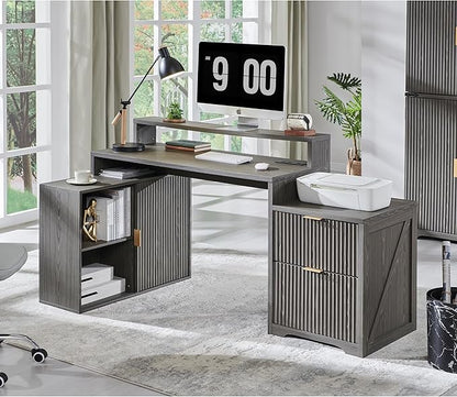 JXQTLINGMU 67" Modern L Shaped Desk with Storage Cabinet & Drawers, Wood Home Office Desk with Power Outlets, Fluted Computer Writing Desk, Grayish Green
