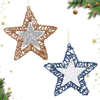 Set of 4 Hanging Star Christmas Ornaments, Glitter Star for Holiday Decorations, Winter Christmas Window Hanging Decor, 6" Diameter (Gold and Blue)