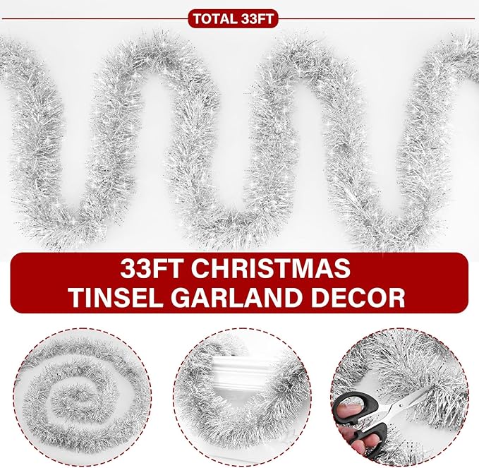 33FT Silver Tinsel Christmas Garland Metallic Twist Shiny Garland for Christmas Tree Decorations, Xmas Holiday Hanging Garland for Home Indoor Outdoor Party Supplies Decor (Silver, White)