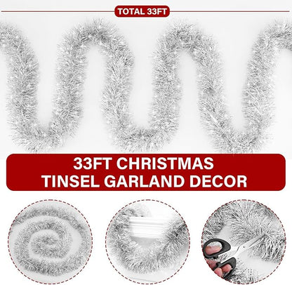 33FT Silver Tinsel Christmas Garland Metallic Twist Shiny Garland for Christmas Tree Decorations, Xmas Holiday Hanging Garland for Home Indoor Outdoor Party Supplies Decor (Silver, White)
