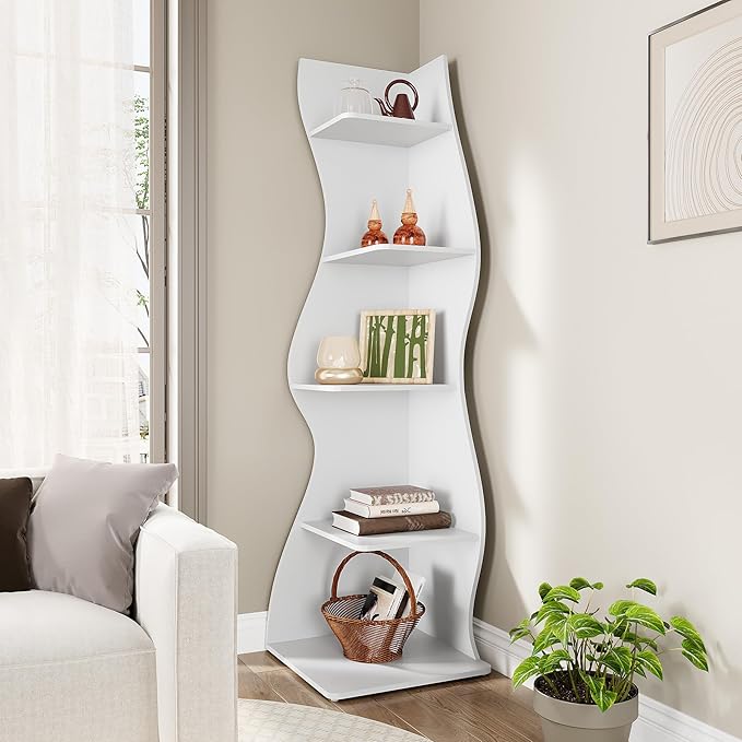 LITTLE TREE 70-Inch Corner Shelf, Seaweed Shaped Etagere Display Bookshelf, Freestanding 5-Tier Wall Shelves for Small Spaces, Living Room, Bedroom, White, 1 Pack