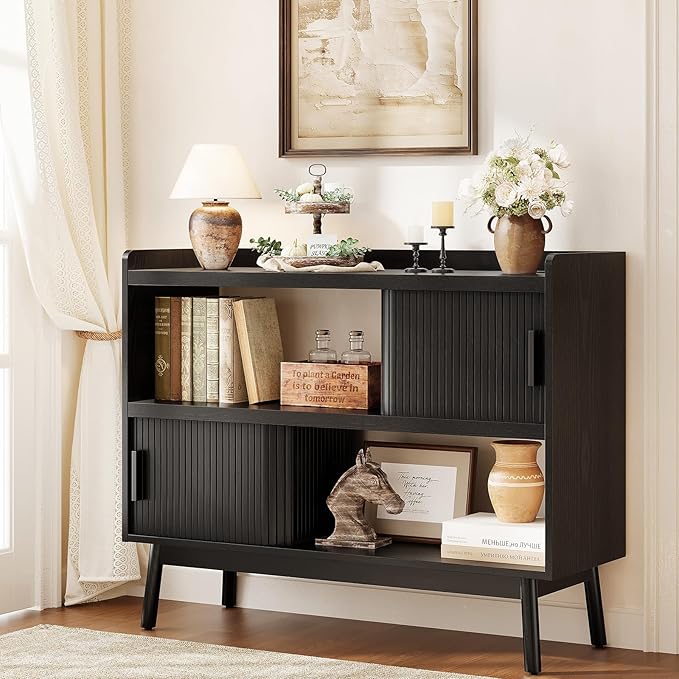 ONBRILL 44" Sideboard Buffet Cabinet with Outlet & 2 Open Storage Spaces, Fluted Sideboard Cabinet with Sliding Door & Adjustable Shelves, Mid-Century Accent Coffee Bar Console Table with Wooden Feet