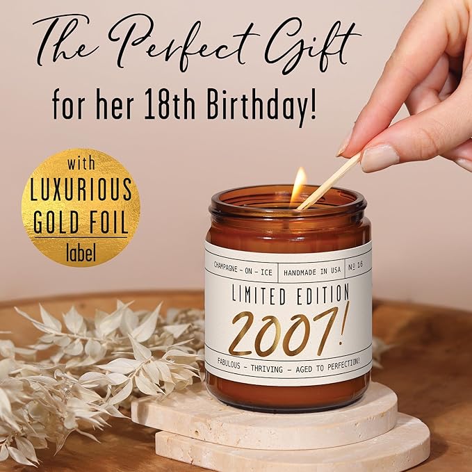 18th Birthday Gifts for Girls - 'Limited Edition 2007' Soy Candle, w/Champagne on Ice I 18 Birthday Gifts for Women I 18th Gift for Her Ideas I 9oz Reusable Jar, 50Hr Burn, Made in USA