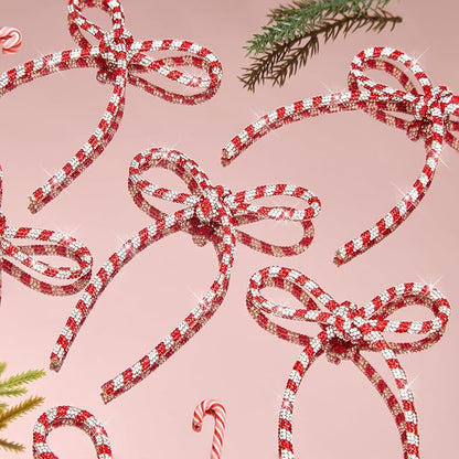 FLAIR GIFTS 6 Pcs 4.3" x 6" 2025 Christmas Bows for Tree Decor, Candy Cane Sparkly Glitter Rhinestone Bow Ornaments with Twist Tie for Xmas Decoration, Wreath, Garland, Gift Wrapping