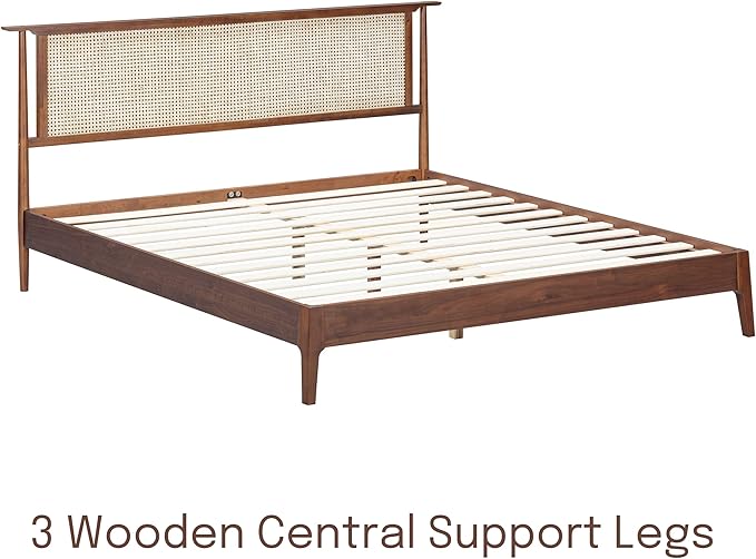 NTC Ruby Wooden Bed Frame with Headboard and Natural Rattan, Solid Oak/Rubber Wood Foundation with Silent Slats, 1000 Lb Capacity, Effortless Assembly (Natural Cane - Dark Walnut, King)