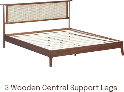 NTC Ruby Wooden Bed Frame with Headboard and Natural Rattan, Solid Oak/Rubber Wood Foundation with Silent Slats, 1000 Lb Capacity, Effortless Assembly (Natural Cane - Dark Walnut, King)