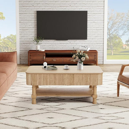 39” Large Lift Top Coffee Table with Hidden Storage Compartment, Fluted Coffee Tables Fully Assembled Wooden Center Table, Mid Century Modern Lift Tabletop Dining Tables for Living Room Office,Natural