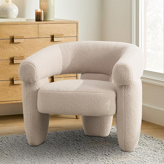 Mid Century Modern Accent Barrel Chair Comfy Upholstered Round Armchair with Montage Design, Sherpa Boucle Lounge Chair for Living Room Bedroom Apartment, Light Brown