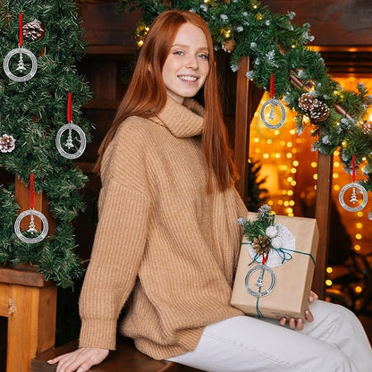 Jinei 6 Pcs Christmas Wreath Ornament Bulk 2025 Solid Pewter Christmas Ornament with Rotatable Tree Metal for Xmas Decorative Holiday Keepsake Gift (Xmas Tree)