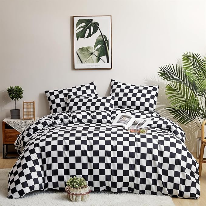 CLOTHKNOW Black White Plaid King Size Comforter Set 3Pcs Grid Bedding Comforter Sets Soft Checkered Comforter Black White Comforter with 2 x Pillow Cases