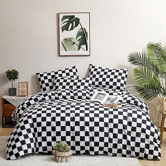 CLOTHKNOW Black White Plaid King Size Comforter Set 3Pcs Grid Bedding Comforter Sets Soft Checkered Comforter Black White Comforter with 2 x Pillow Cases