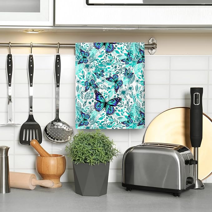 Butterfly Decorative Kitchen Dish Towels Set of 2 Absorbent Botanic Kitchen Towels, Green