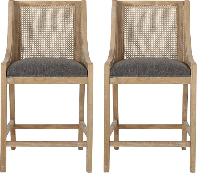 Merax 25.5" Fabric Upholstered Wood and Cane Counter Stools with Backrest,Set of 2,French Country Barstools Chair Dining Chair