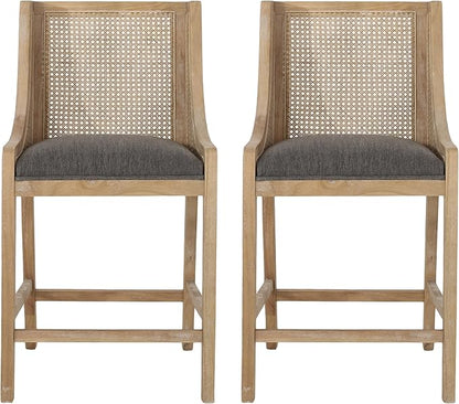 Merax 25.5" Fabric Upholstered Wood and Cane Counter Stools with Backrest,Set of 2,French Country Barstools Chair Dining Chair