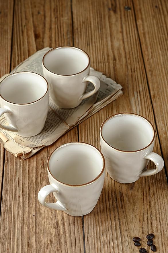 famiware Coffee Mugs Set of 4, Ocean Round 11.5oz Coffee Cup Set with Handle for Cocoa, Milk, Hot Chocolate, Stoneware Cups for Kitchen, Reactive Glaze, Microwave and Dishwasher Safe, Cappuccino White