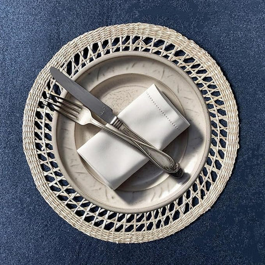 15" Set of 4 Round Flower Seagrass Placemats | Boho Woven Rattan Table Mats | Farmhouse Wicker Spring Plate Chargers Like Water Hyacinth, Corn Husk for Wedding, Party, Christmas, Events