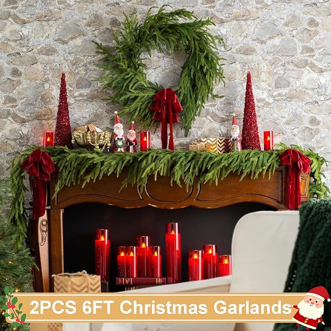 2PCS 6FT Christmas Garlands, Realistic Norfolk Pine Garlands Artificial Greenery Garland Faux Pine Needle for Stairs Railing Fireplace Table Decor