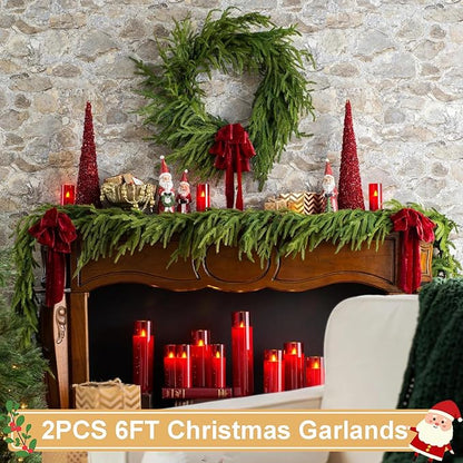 2PCS 6FT Christmas Garlands, Realistic Norfolk Pine Garlands Artificial Greenery Garland Faux Pine Needle for Stairs Railing Fireplace Table Decor