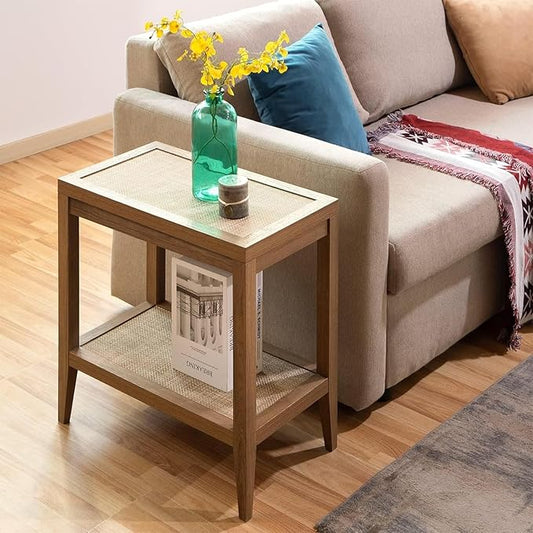 SICOTAS Boho Rattan Nightstand Bedside Table Farmhouse Narrow End Table Accent Side Table, Wood