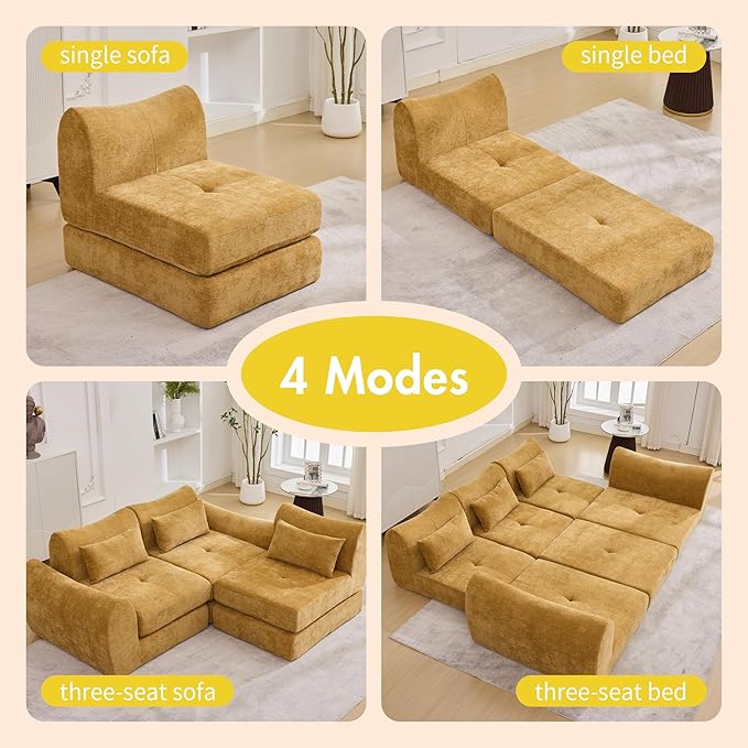 101.6" Modular Sectional Cloud Sofa,Floor Boneless Couch, 4-in-1 Folding Convertible Sofa Bed, Modular Cushion Couch,Suitable for Living Room,Bedroom and Recreation Room(Yellow)